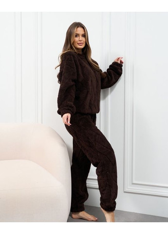 Темно-коричневая зимняя махровая пижама на эластичных манжетах свитшот + брюки ISSA PLUS