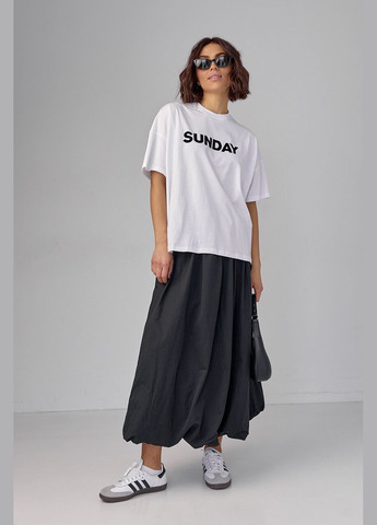 Белая летняя женская футболка oversize с надписью sunday - черный Lurex