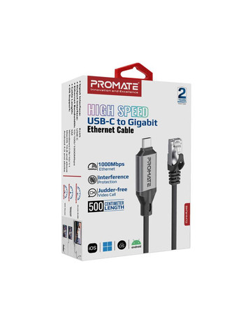 Кабель Clink USB Type-C - RJ-45, 5 м, Black Promate (336958048)
