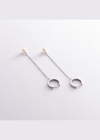 Сережки - кільця Перлина на ланцюжку у білому золоті с08357 Oniks (264644435)
