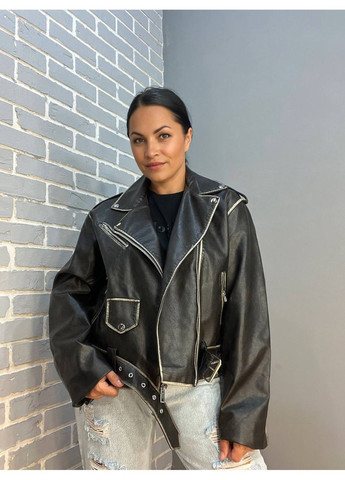 Чорна демісезонна куртка жіноча 2456 косуха блискавки пояс варені шви екошкіра AFTF BASIC