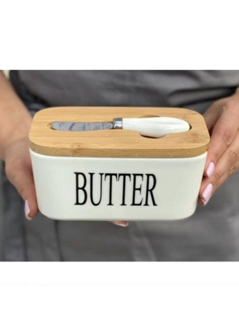 Масленка керамическая с ножом 650мл белая для масла и масла с бамбуковой крышкой ProDobro (365440833)