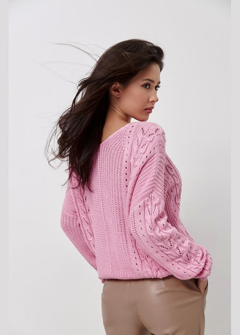 Розовый демисезонный джемпер из хлопка и вискозы с ажурными косами (2720) Triko Bakh