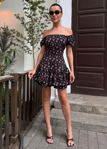 Чорна повсякденний мінісукня приталеного крою з оборкою з пишною спідницею Україна з квітковим принтом