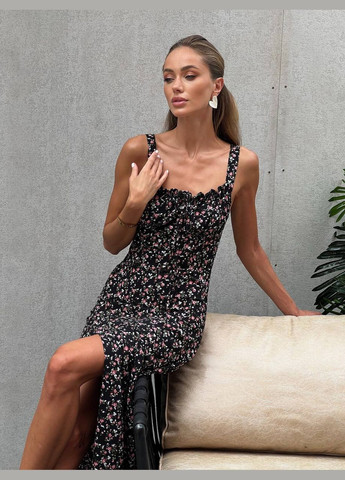 Черное праздничный женское платье FINO Mode с цветочным принтом