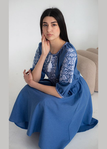 Синяя вышитое женское платье vishivano4ka 117-7 узор цветочный домотканное полотно (329902140)