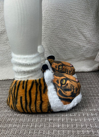 Рыжие женские плюшевые тапочки тигр рыжий с антискользящей подошвой My Kigu с вышивкой, с ушками