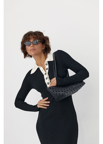 Черное повседневный, деловое, кэжуал длинное трикотажное платье-поло в рубчик No Brand однотонное