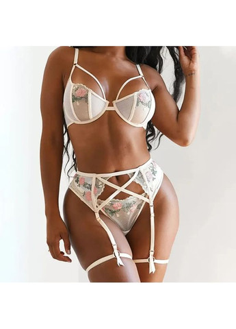Белый демисезонный кружевной комплект нижнего белья с поясом с цветочным принтом. женское белье трусики и лиф с косточками. розовый, m China