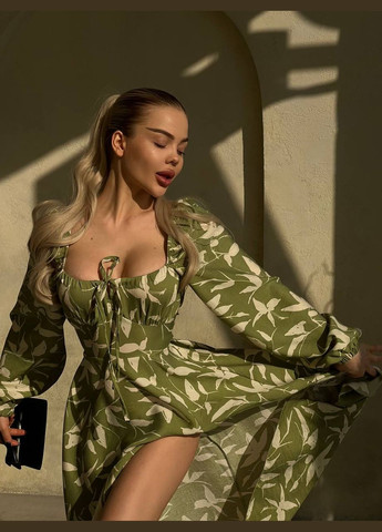 Оливковое коктейльное, деловое, повседневный, кэжуал, вечернее женское платье клеш FINO Mode с цветочным принтом