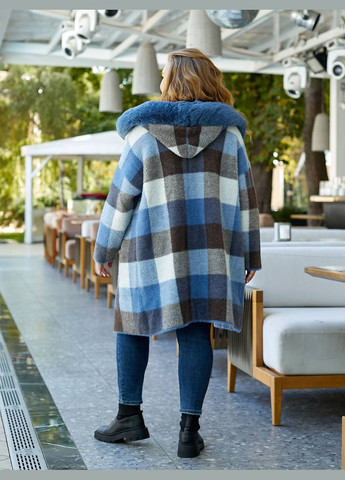 Голубое зимнее Пальто из альпаки в розовую клеточку 48-54 KVAN