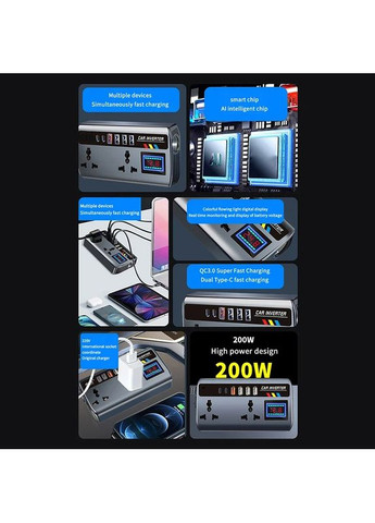 Портативний автомобільний інвертор SHIDWJ 200W DC 12 V / 24 V AC 220 V зі швидкими портами QC 3.0 і PD Type-C No Brand (370159651)