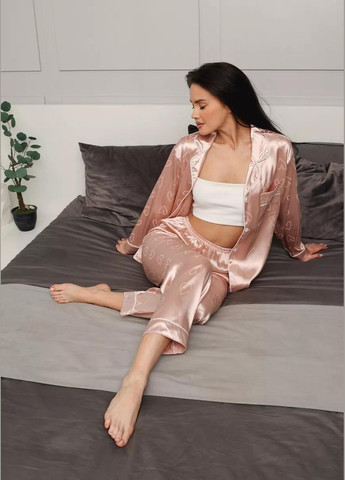 Светло-розовая всесезон женская атласная пижама с сердечками пижамный комплект двойка рубашка и брюки набор для дома с принтом сердечка рубашка + брюки Cindylove