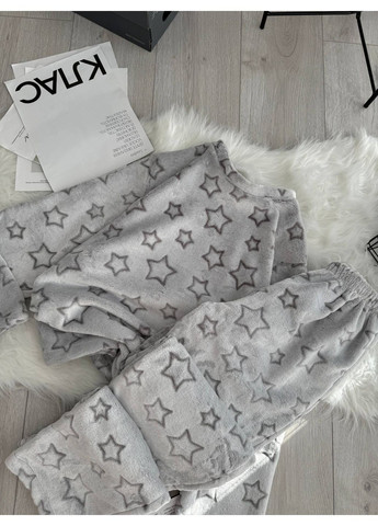 Серая зимняя пижама 0802 турецкая двухсторонняя махра брюки и кофта Україна