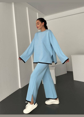Женский стильный качественный голубой костюм трикотажный комплект лонгслив со свободными брюками No Brand костюм (284282568)