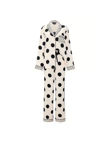 Біла всесезон піжама signature satin long pajama set tan & black dots Victoria's Secret