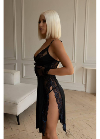 Пеньюар з мереживом + трусики, довжина міді, розрізи з боків / Комплект: чорний пеньюар та трусики, мереживні вставки, елег No Brand (366571684)