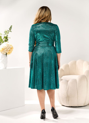 Изумрудное праздничный, коктейльное, вечернее вечернее платье миди с глиттером и поясом колокол, клеш No Brand однотонное