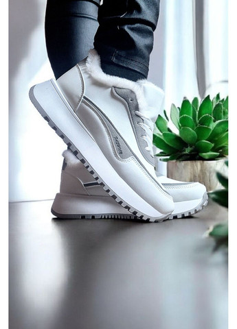 Жіночі теплі зимові на хутрі з сірими вставками білі утеплені Viki кросівки білі (368540569)