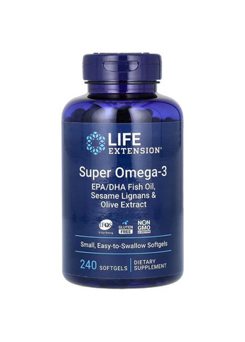 Комплекс жирных кислот Super Omega-3 EPA/DHA Fish Oil Sesame Lignans & Olive Extract- 240 softgels Life Extension (288677386)