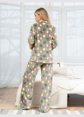 Комбинированная зимняя махровая серая пижама на пуговицах с фруктовым рисунком ISSA PLUS