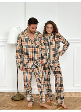 Комбинированная женская пижама двойка в бежевая клеточку. пижама фланелевая теплая с длинным рукавом. домашний костюм женский oversize клетка No Brand