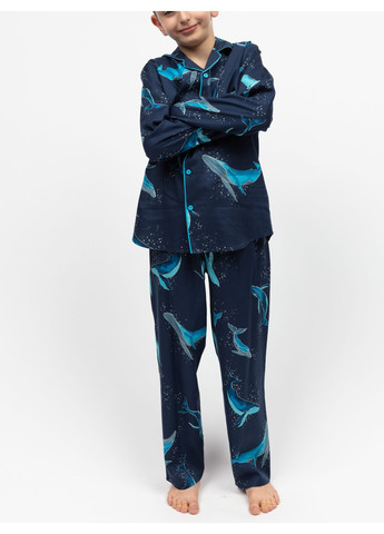 Темно-синя всесезон піжама дитяча унісекс 3164nay синій з принтом кита сорочка + брюки Cyberjammies Marina