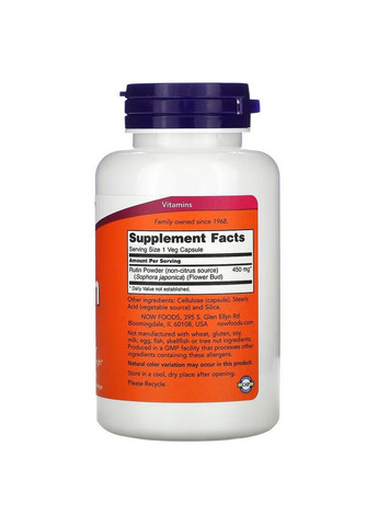 Витамины и минералы Rutin 450 mg, 100 вегакапсул Now (293340631)