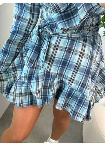 Голубое платье фланель люкс качества в клетку на запах с воланами Україна