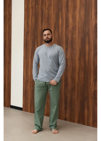 Піжама чоловіча лонгслів сірий меланж + штани HOMELY в клітинку зелені Handy Wear (384686780)