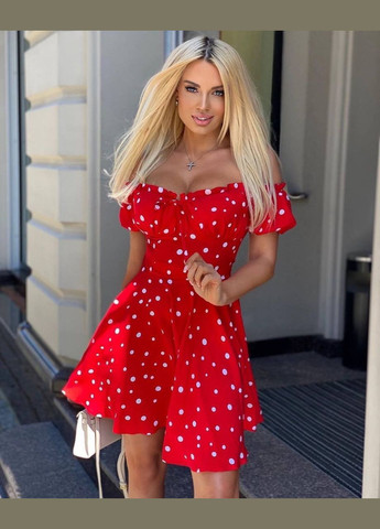 Червона повсякденний жіноча сукня міні з відкритими плечима та принтом горошок з відкритими плечима MonCher в горошок