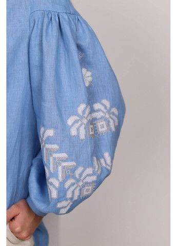 Блакитна жіноча вишита блуза на гудзики жоржина блакитна MOTYV візерунок квітковий льон (365957013)