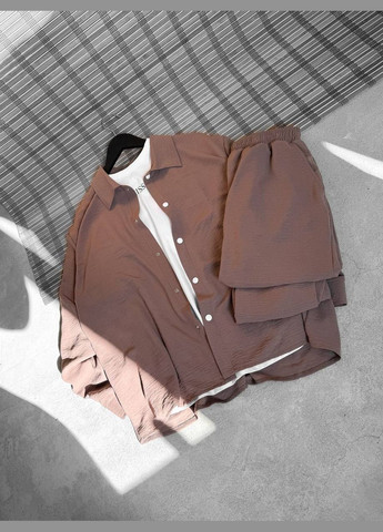 Темно-бежевый летний костюм: брюки и рубашка из легкого дышащего материала с рубашкой, брючный Україна