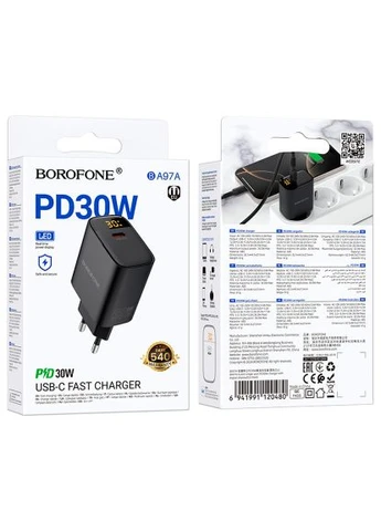 Зарядний пристрій (6941991120480) Borofone BA97A Ilustre USB-C PD30W digital display Black (369880968)