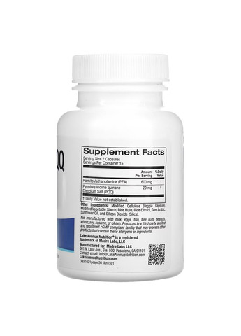 Пірролохінолінхінон хінон PEA (300мг) with PQQ 20 (10 мг) 30 капс. Lake Avenue Nutrition (346514361)