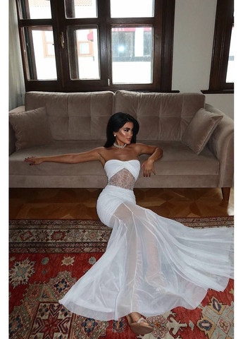 Білий святковий елегантна сукня з драпуванням і мереживною вставкою — заміри в описі силуетна DK/DL Мода без кордонів однотонна