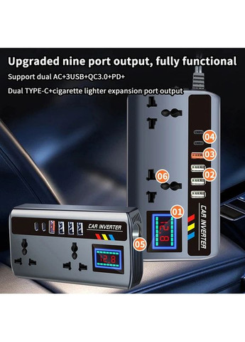 Портативний автомобільний інвертор SHIDWJ 200W DC 12 V / 24 V AC 220 V зі швидкими портами QC 3.0 і PD Type-C No Brand (370159651)