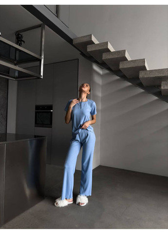 Голубая всесезон женская пижама в рубчик, комплект 3в1 футболка шорты и брюки футболка + шорты + брюки No Brand Піжама