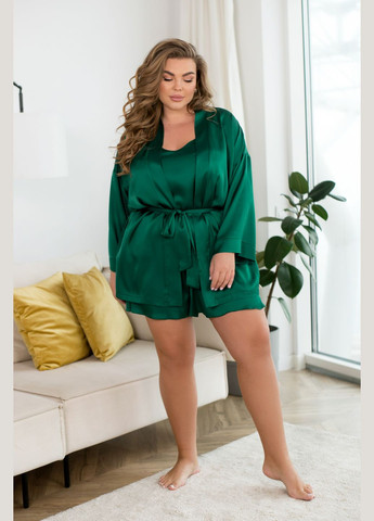 Зелена всесезон домашній шовковий костюм 3-ка майка + шорти Minova