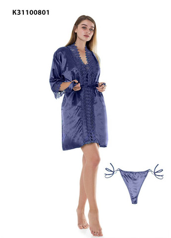 Прозрачный женский шелковый комплек: халат с туникой и стринги. Koza