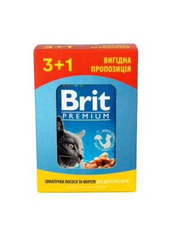 Вологий корм у паучі Набір паучів 3+1 Cat Beef Salmon and Trout для котів шматочки з лососем і фореллю 4х100 г Brit Premium (399748764)