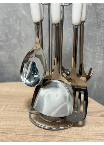 Набор кухонных принадлежностей на подставке 7 предметов керамическая ручка кухонные аксессуары Белый с серебристым No Brand (371373163)