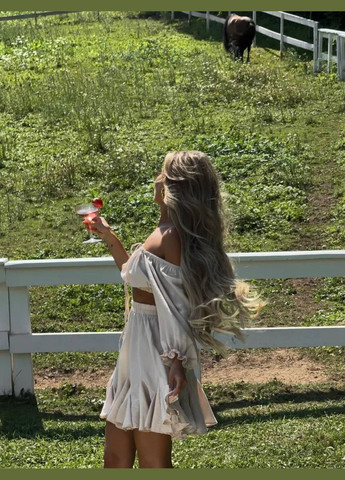 Бежевий костюм 2-ка з жниварки (топ із зав'язками та довгим рукавом+коротка спідниця), шикарний літній ніжний костюм No Brand 496-2 (298499599)