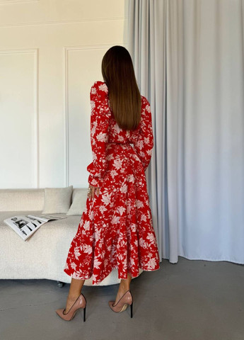Червона повсякденний, святковий, вечірня трендова міді сукня з довгим рукавом та воланом кльош Allthings з квітковим принтом