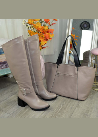 Високі шкіряні жіночі чоботи на підборах. Колір візон, гомілка 46 см Vasha para (322247834)