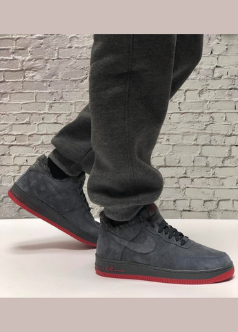 Сірі Зимовий кросівки зимові чоловічі nike air force 1 winter low gray red fur | найк аір форс 1 низькі сірі червоні з хутром No Brand