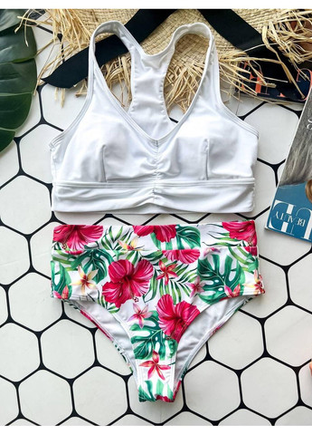 Білий літній жіночий купальник роздільний з білим топом великих розмірів / жіночий купальник плюс сайз топ і квіткові високі плавки No Brand