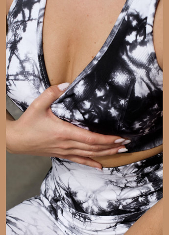 Спортивний жіночий костюм з ефектом Push Up (топ + шорти) Фітнес Йога Мармуровий Чорно-білий Marble Двійка: топ + подовжені шорти з пуш-ап (316634781)