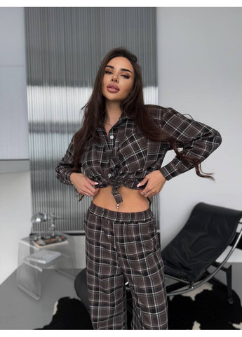 Коричнева жіноча фланелева піжама в клітинку сорочка + брюки No Brand С832/833-806/5
