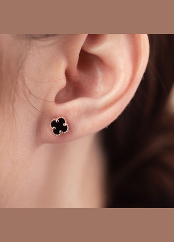 Сережки - пусети Конюшина з оніксом mini (червоне золото) с08402 Oniks (270094768)